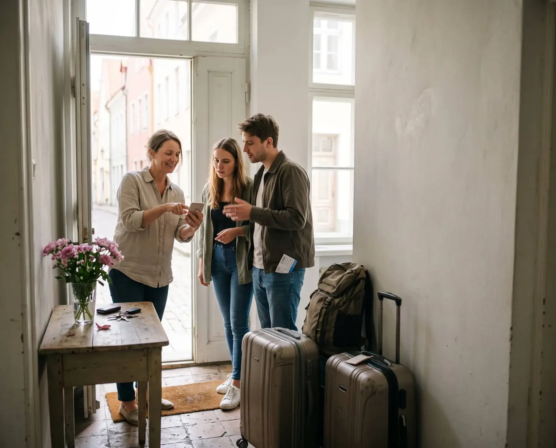 Une hôte accueille deux voyageurs à l’entrée d’un appartement de vacances et leur montre quelque chose sur son téléphone