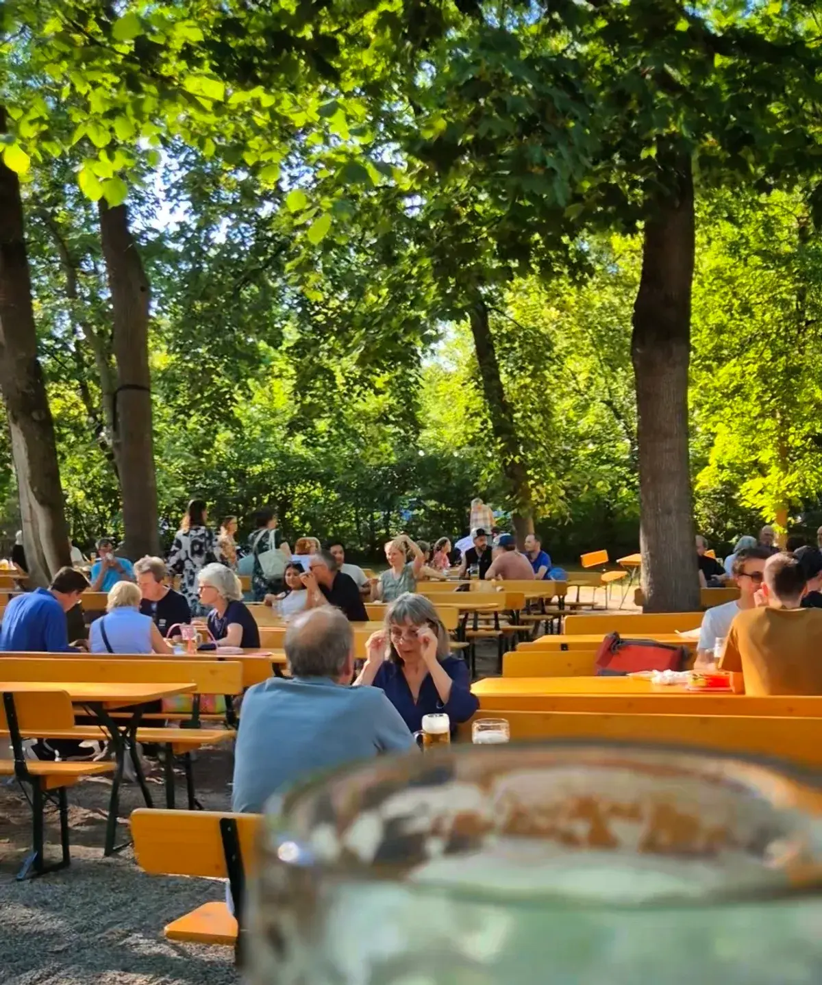 Biertischgarnituren unter Bäumen im Taxisgarten. Foto: Ianp5a