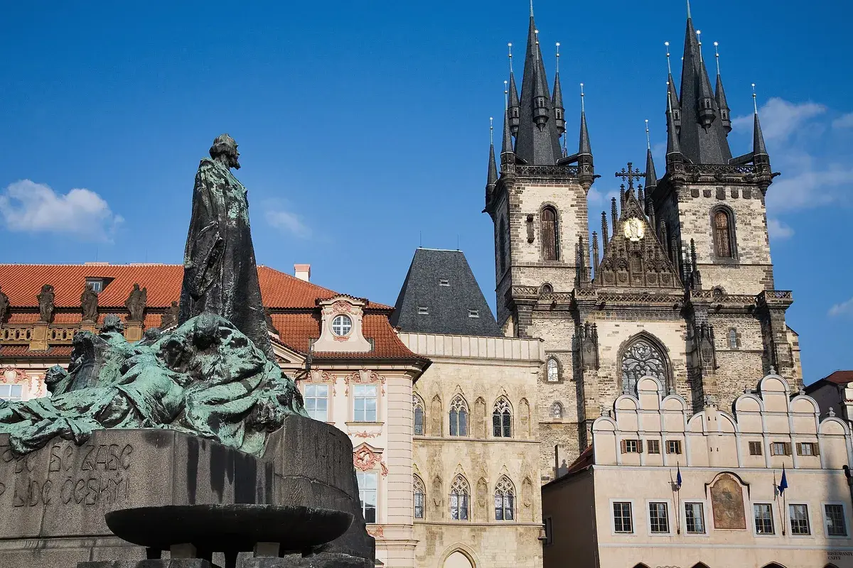 The Týn church and the Jan Hus memorial on Old Town Square, where the two-hour walk starts. Photo: Jorge Royan