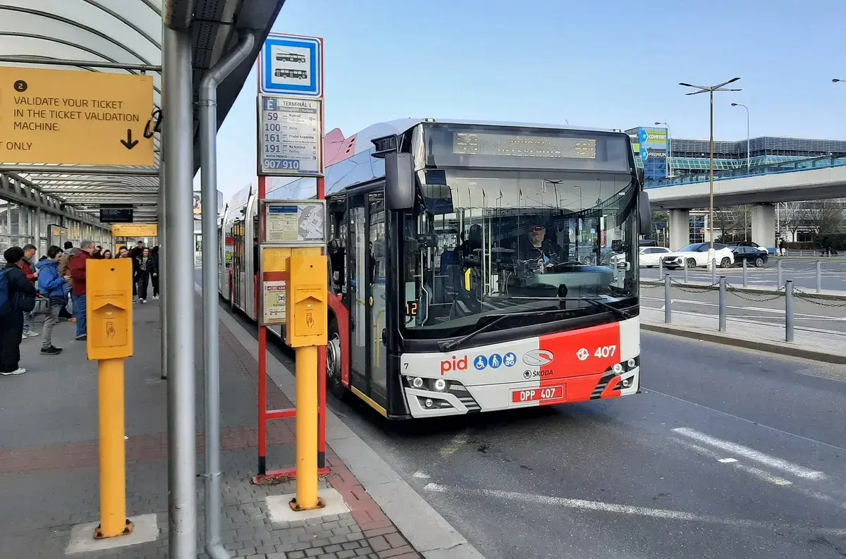 Trolleybus 59 at its stop outside Terminal 1, the quickest ride from the airport to the metro. Photo: Pavel Hrdlička