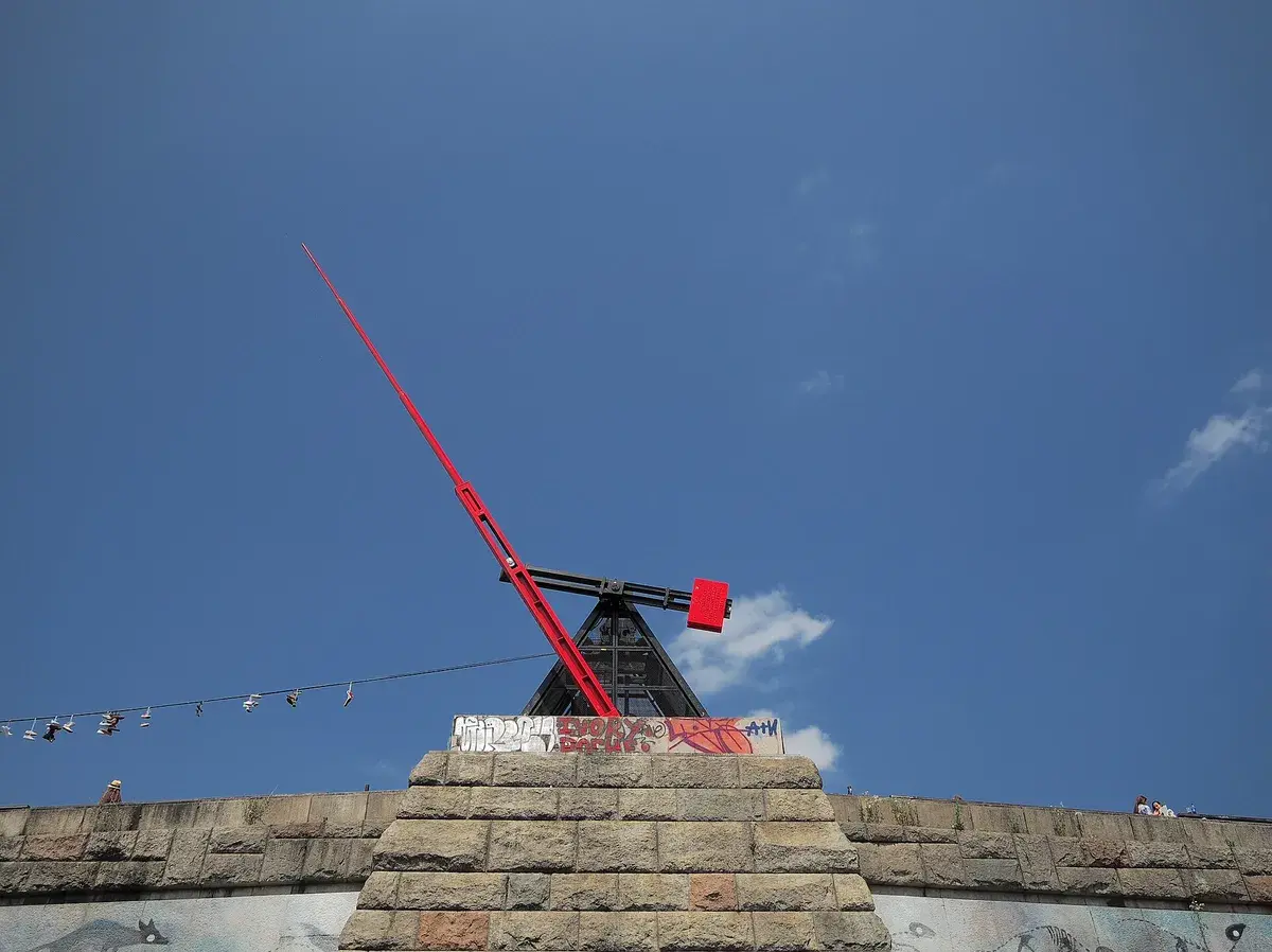 The giant metronome on Letná, where a Stalin statue once stood, above a free view of the river. Photo: Dmitry Djouce