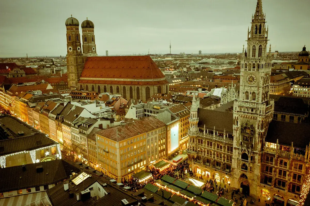 The Christmas market on Marienplatz in Munich, seen from the tower of St Peter’s Church. Photo: Ashwin Chandrasekaran, CC BY 2.0